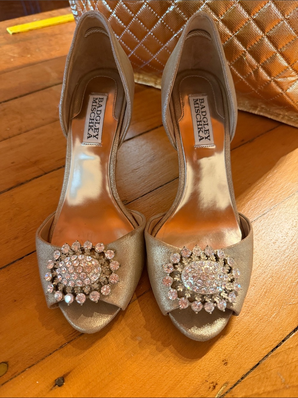 Badgley Mischka Shimmering Gold Crystal-Embellished Peep-Toe Heels